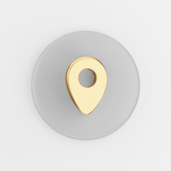 Location gold symbol icon. 3d rendering gray round key button, interface ui ux element.